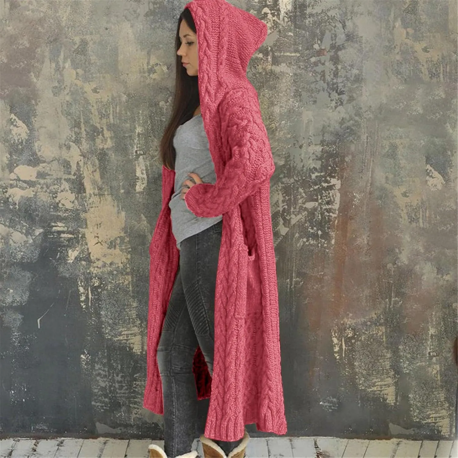 Cable Knit Long Sleeve Hooded Cardigan Sweaters for Women Chunky Open Front Fall Winter Oversized Casual Loose Outwear