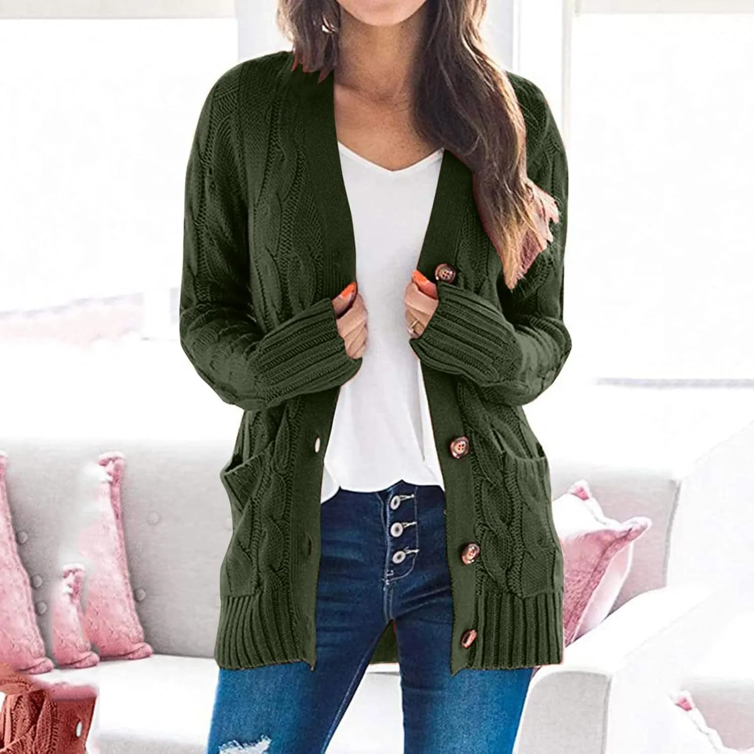 Cardigan Sweater for Women Open Front Button Sweaters with Pockets Long Sleeve Button Down Cardigans Sweaters