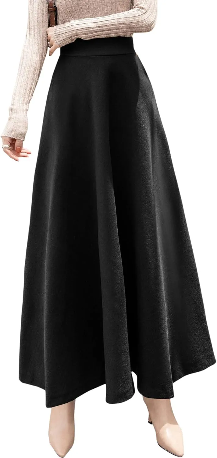 chouyatou Women's Fall Winter A-Line Swing Pleated Long Maxi Wool Skater Skirt
