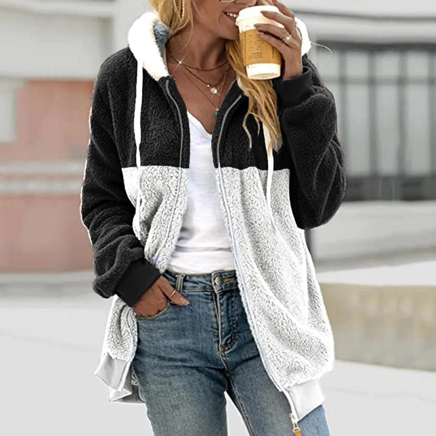 Coats for Women, Women's Fashion Casual Loose Plush Striped Zipper Long Sleeve Stitching Hooded Jacket Coat
