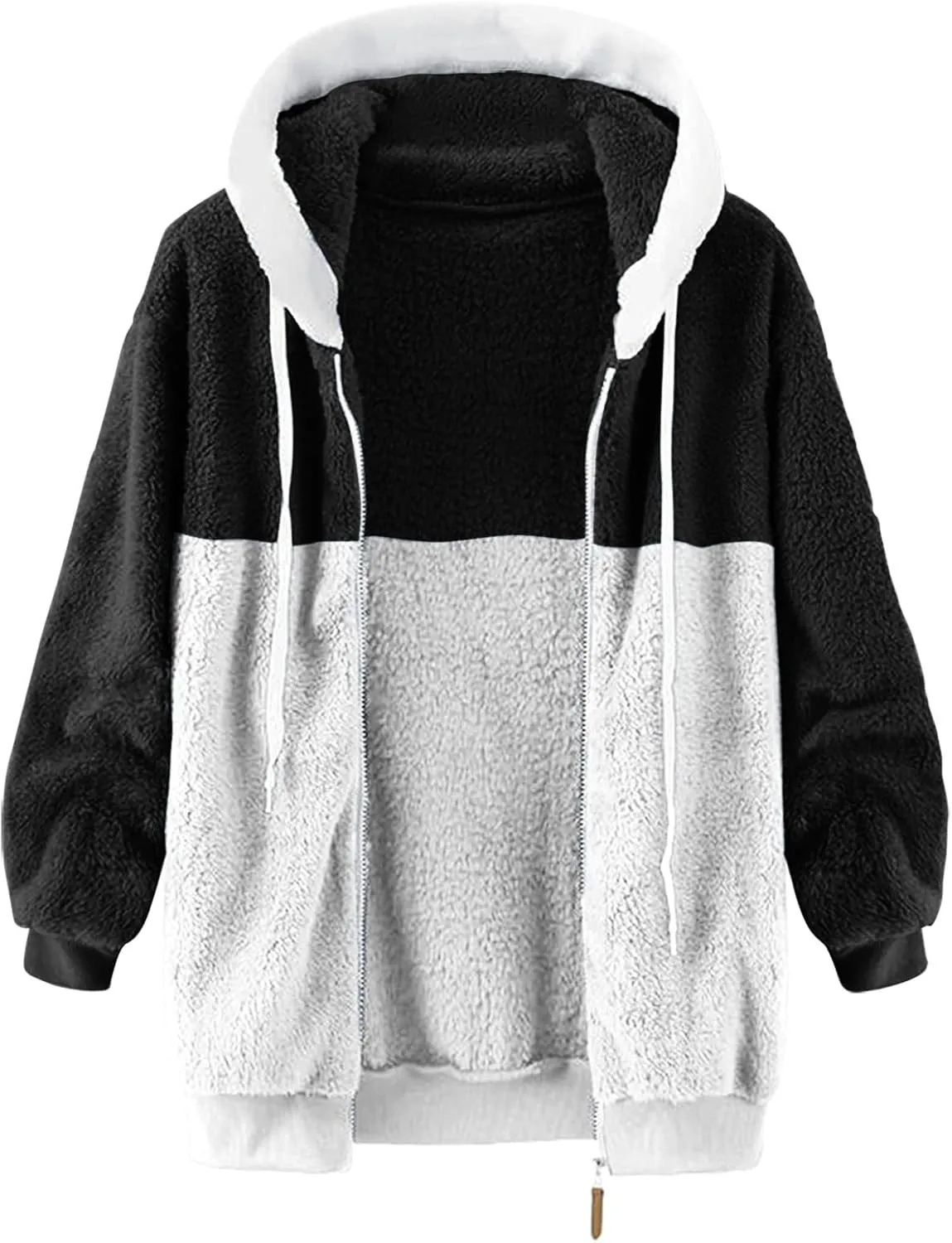 Coats for Women, Women's Fashion Casual Loose Plush Striped Zipper Long Sleeve Stitching Hooded Jacket Coat