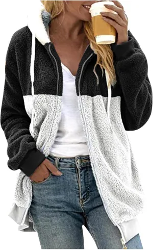 Coats for Women, Women's Fashion Casual Loose Plush Striped Zipper Long Sleeve Stitching Hooded Jacket Coat