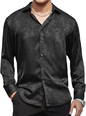 Damipow Satin Silk Mens Dress Shirts Long Sleeve Button Up Shirt Wedding Party Prom Shirt