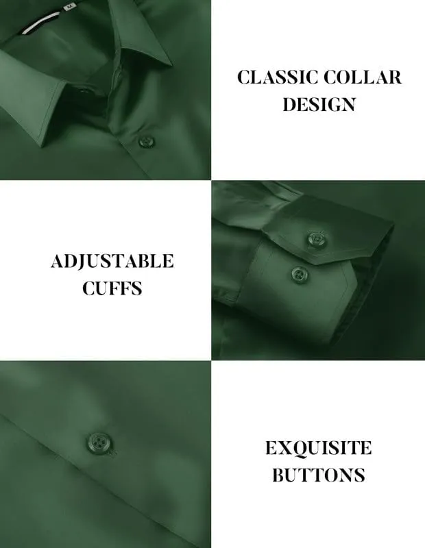 Damipow Satin Silk Mens Dress Shirts Long Sleeve Button Up Shirt Wedding Party Prom Shirt