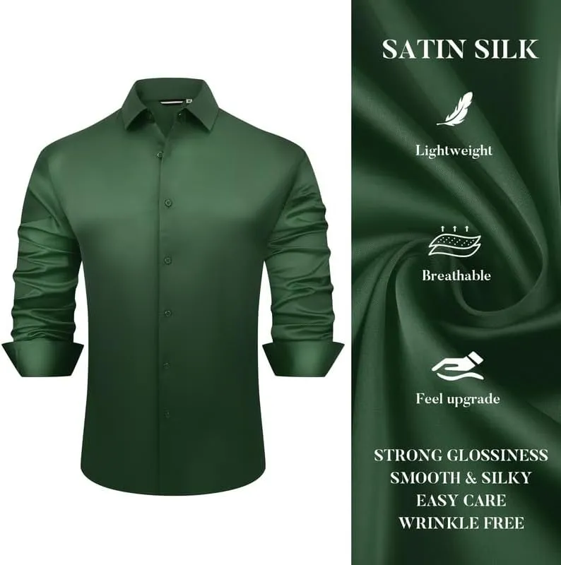 Damipow Satin Silk Mens Dress Shirts Long Sleeve Button Up Shirt Wedding Party Prom Shirt
