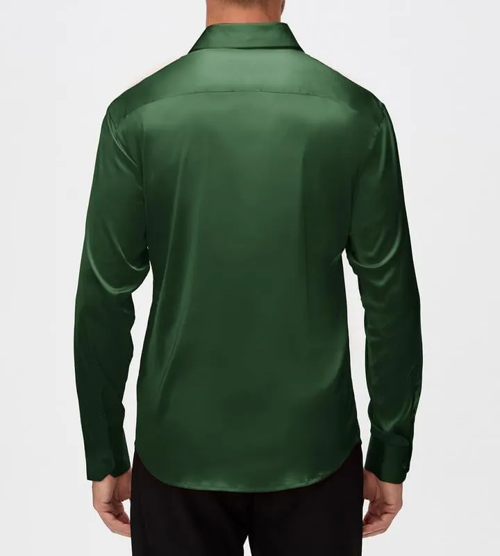 Damipow Satin Silk Mens Dress Shirts Long Sleeve Button Up Shirt Wedding Party Prom Shirt