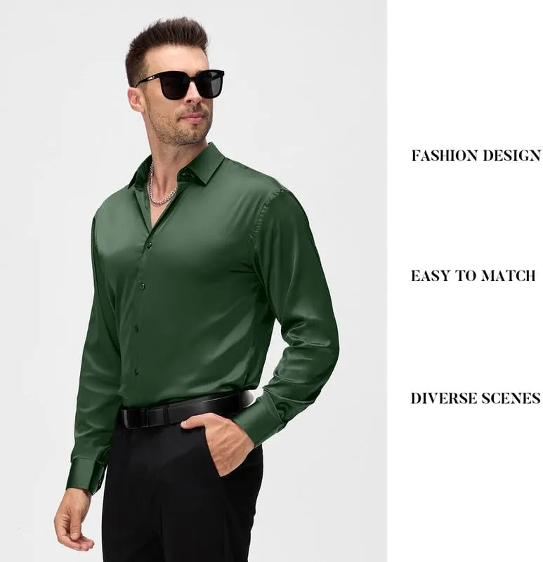 Damipow Satin Silk Mens Dress Shirts Long Sleeve Button Up Shirt Wedding Party Prom Shirt