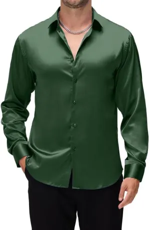Damipow Satin Silk Mens Dress Shirts Long Sleeve Button Up Shirt Wedding Party Prom Shirt