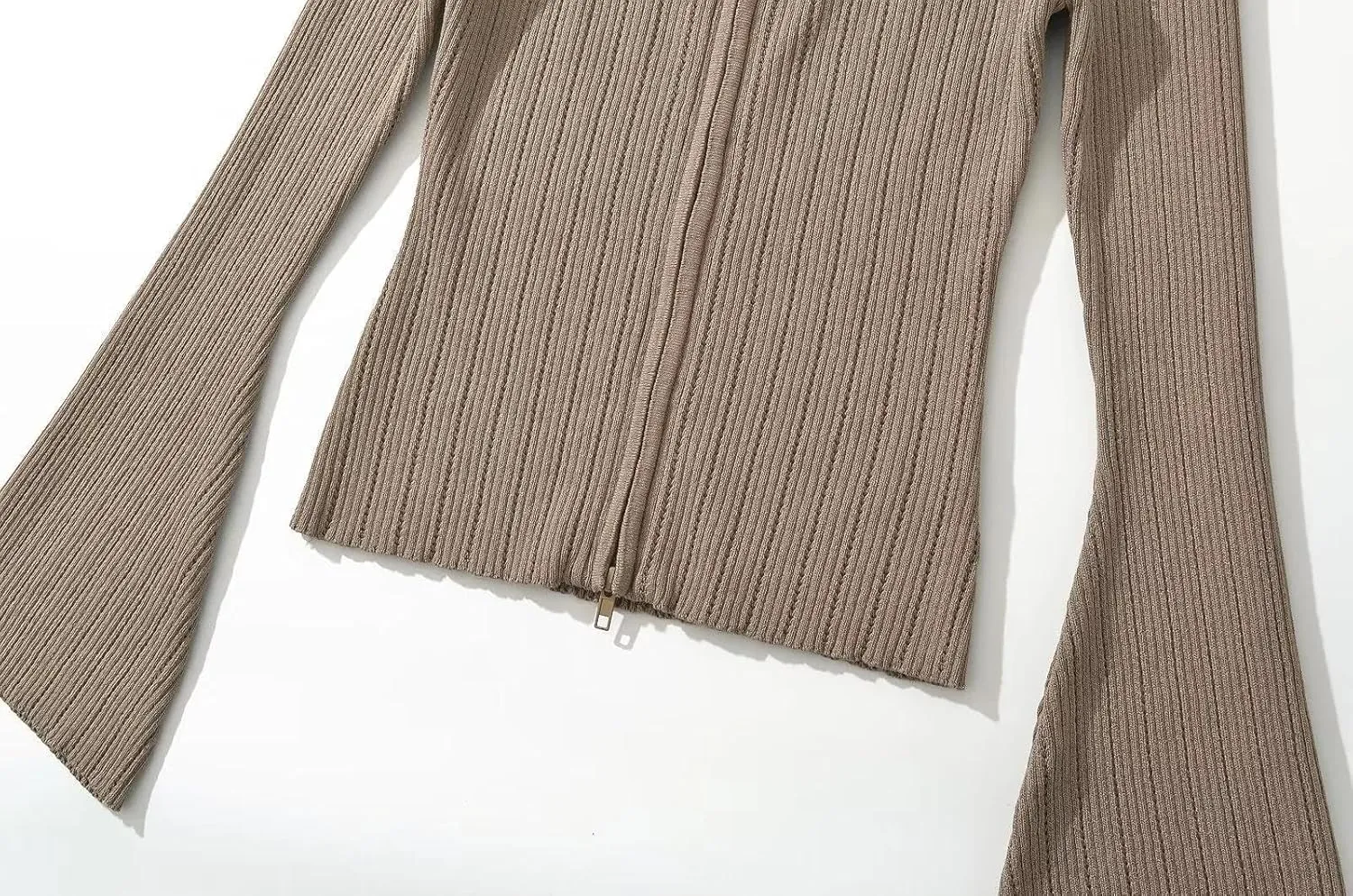 efvandoloe Spring Autumn Two Way Zipper Cardigans Women Knitted Slim Flare Sleeve Solid Color Sweaters