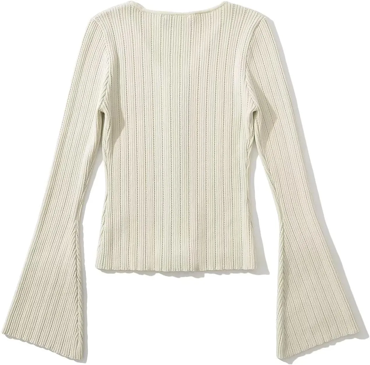 efvandoloe Spring Autumn Two Way Zipper Cardigans Women Knitted Slim Flare Sleeve Solid Color Sweaters