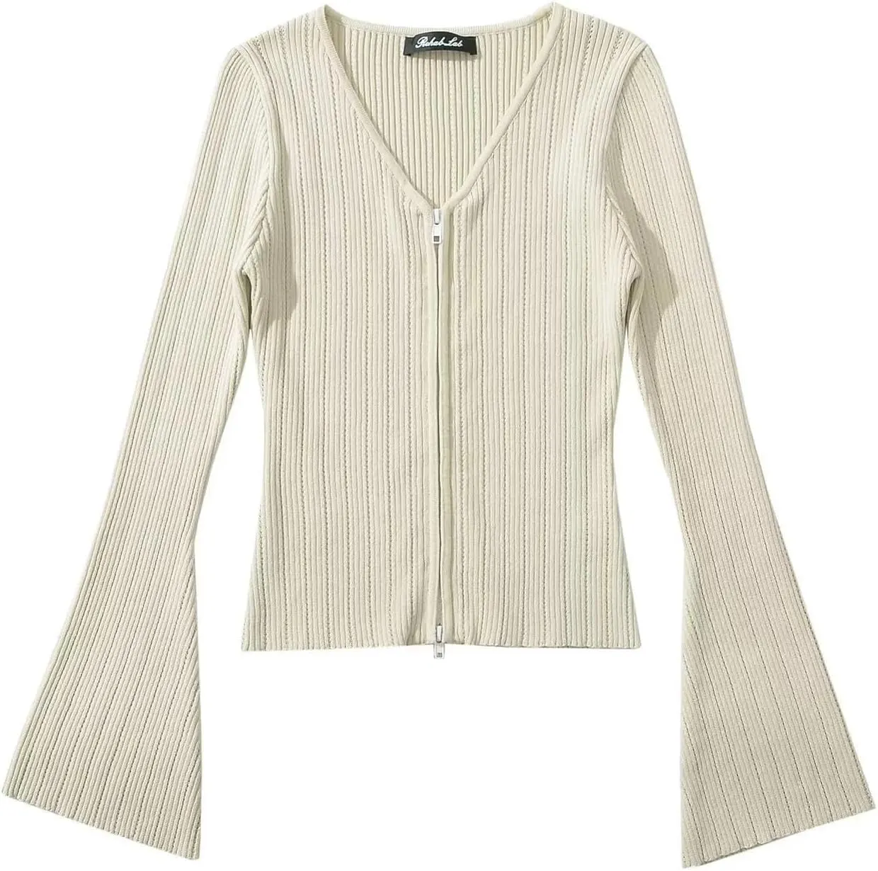 efvandoloe Spring Autumn Two Way Zipper Cardigans Women Knitted Slim Flare Sleeve Solid Color Sweaters