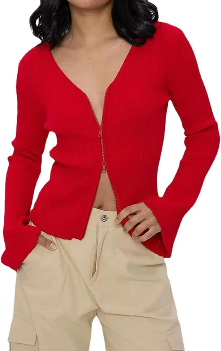 efvandoloe Spring Autumn Two Way Zipper Cardigans Women Knitted Slim Flare Sleeve Solid Color Sweaters
