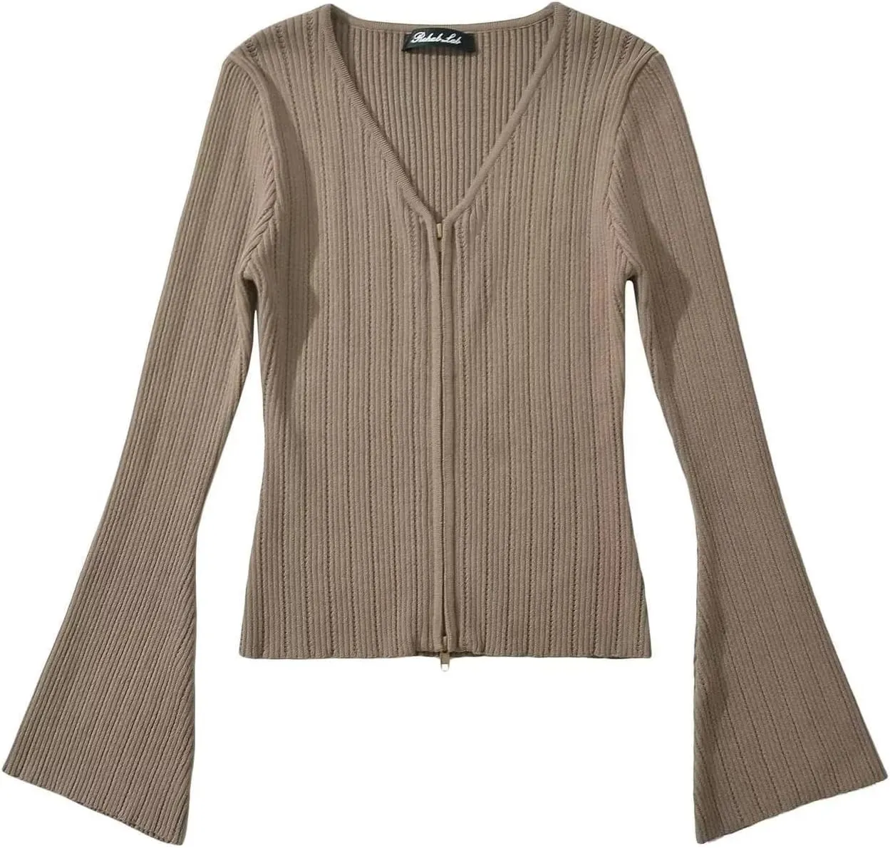 efvandoloe Spring Autumn Two Way Zipper Cardigans Women Knitted Slim Flare Sleeve Solid Color Sweaters