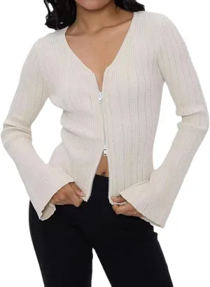 efvandoloe Spring Autumn Two Way Zipper Cardigans Women Knitted Slim Flare Sleeve Solid Color Sweaters