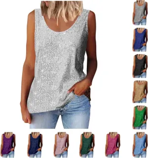 Finelylove Sequin Tops for Women 2025 Sleeveless Sparkly Glitter Tank Tops Blouses Shimmer Disco Club Party Concert Outfits