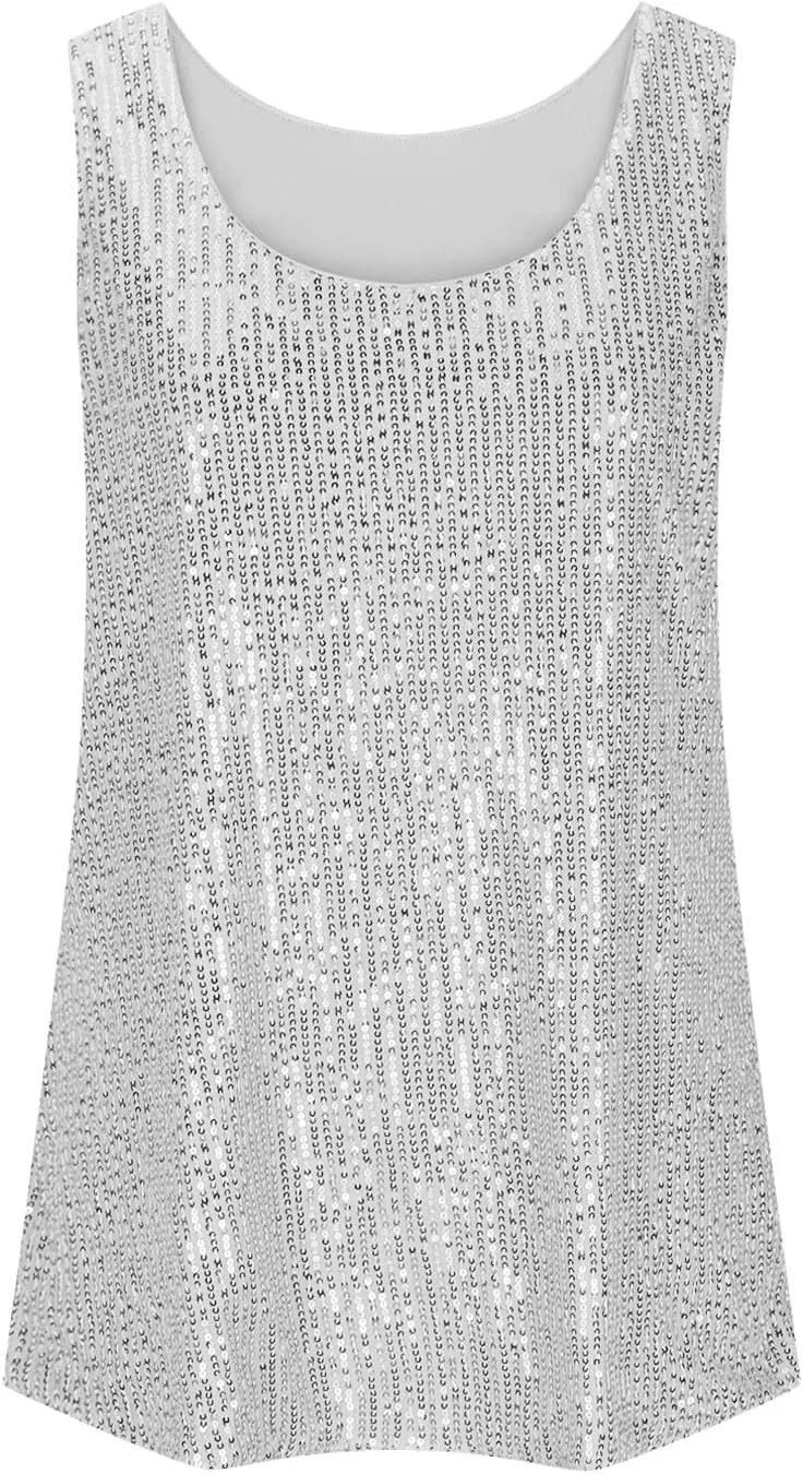 Finelylove Sequin Tops for Women 2025 Sleeveless Sparkly Glitter Tank Tops Blouses Shimmer Disco Club Party Concert Outfits
