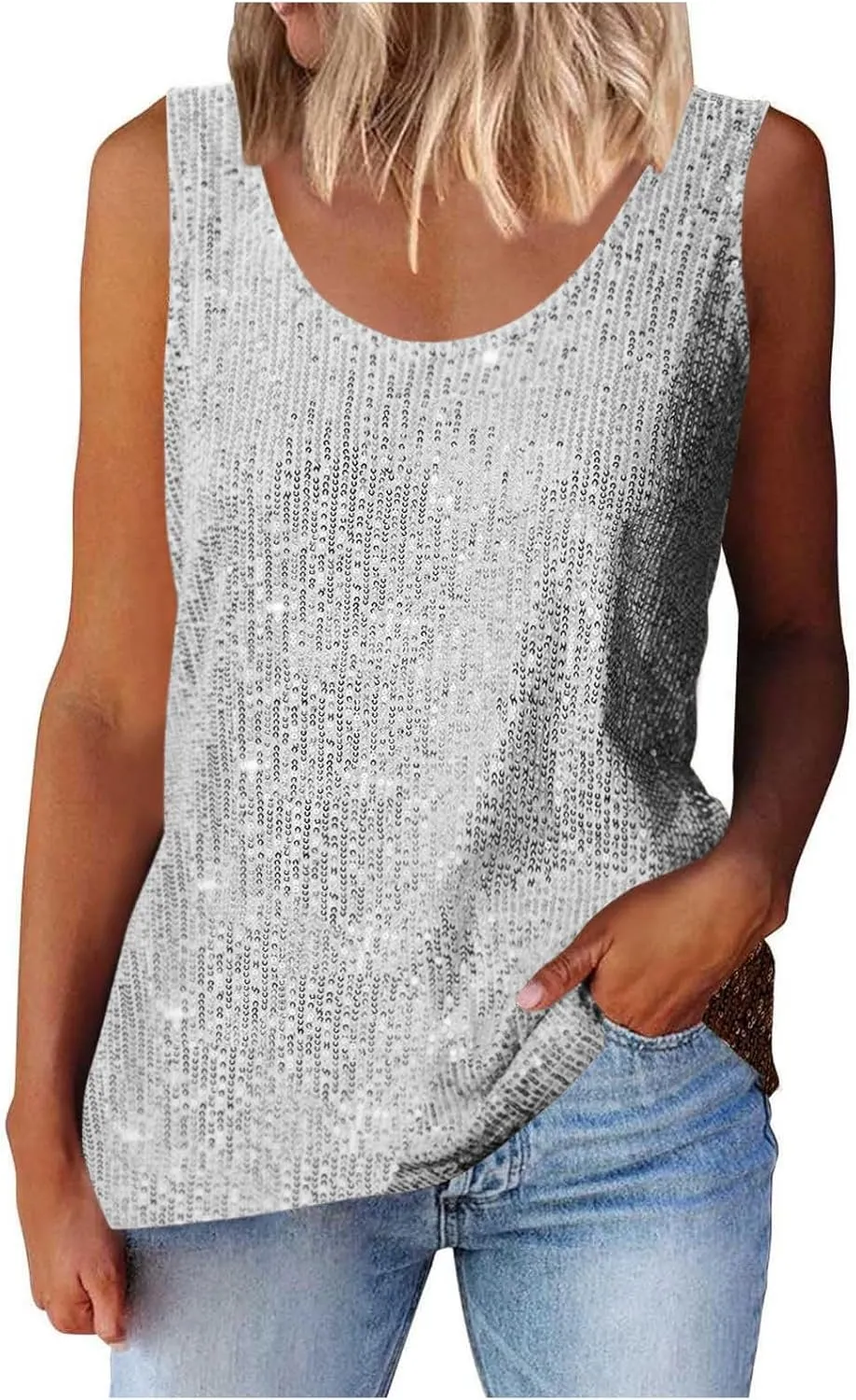 Finelylove Sequin Tops for Women 2025 Sleeveless Sparkly Glitter Tank Tops Blouses Shimmer Disco Club Party Concert Outfits