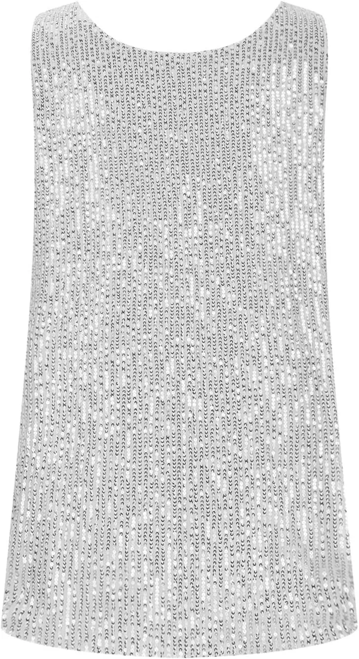 Finelylove Sequin Tops for Women 2025 Sleeveless Sparkly Glitter Tank Tops Blouses Shimmer Disco Club Party Concert Outfits