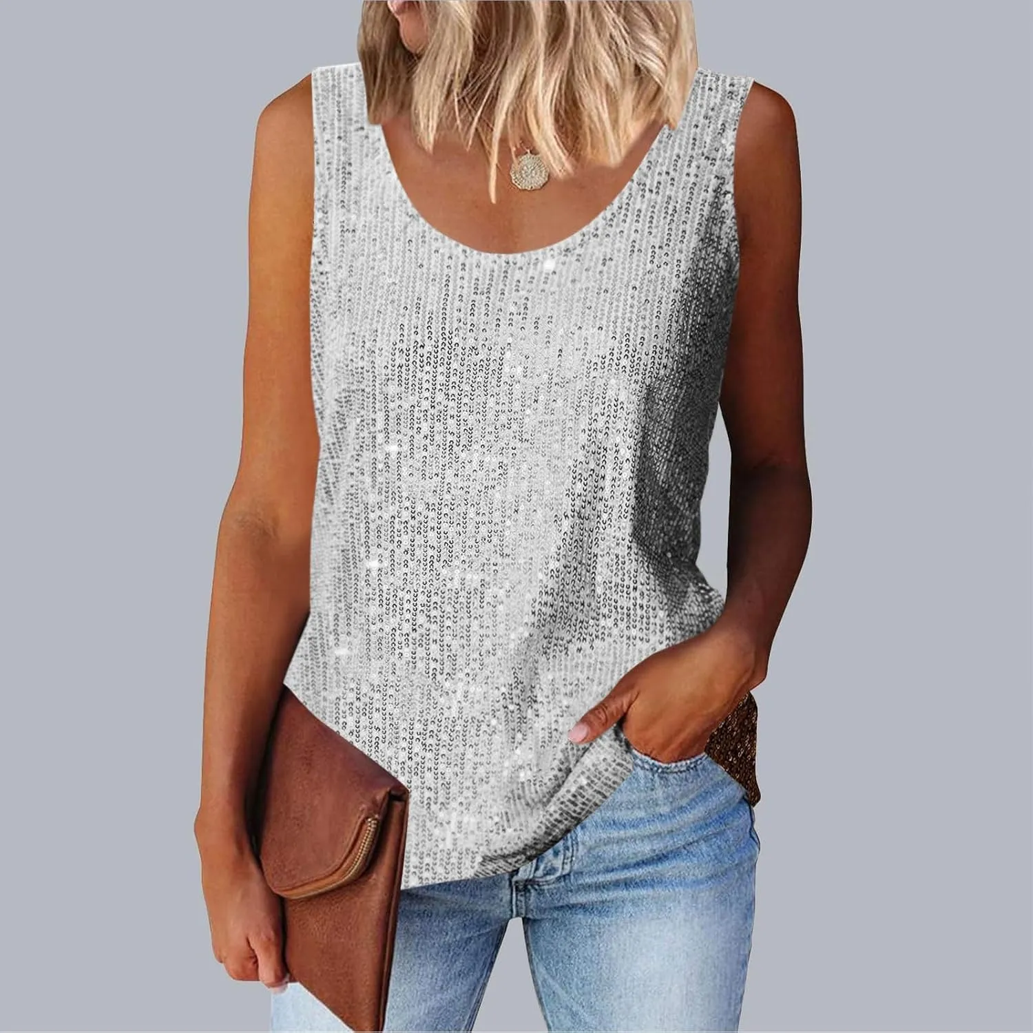 Finelylove Sequin Tops for Women 2025 Sleeveless Sparkly Glitter Tank Tops Blouses Shimmer Disco Club Party Concert Outfits