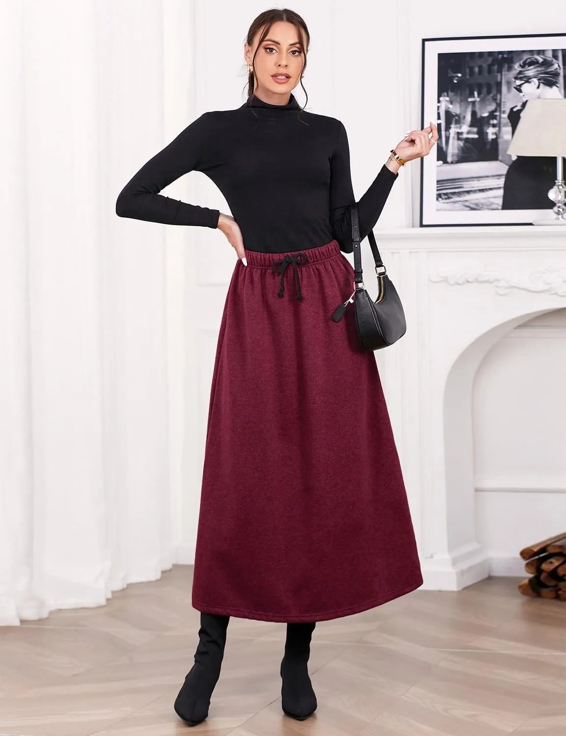IDEALSANXUN Women's Fall Winter Fleece Lined Elastic Waist Long Skirts with Drawstring