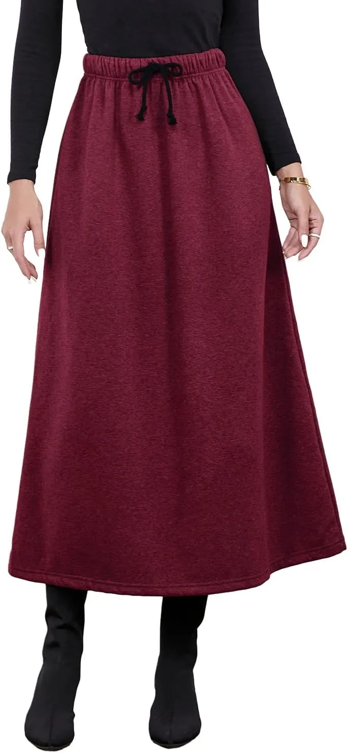 IDEALSANXUN Women's Fall Winter Fleece Lined Elastic Waist Long Skirts with Drawstring