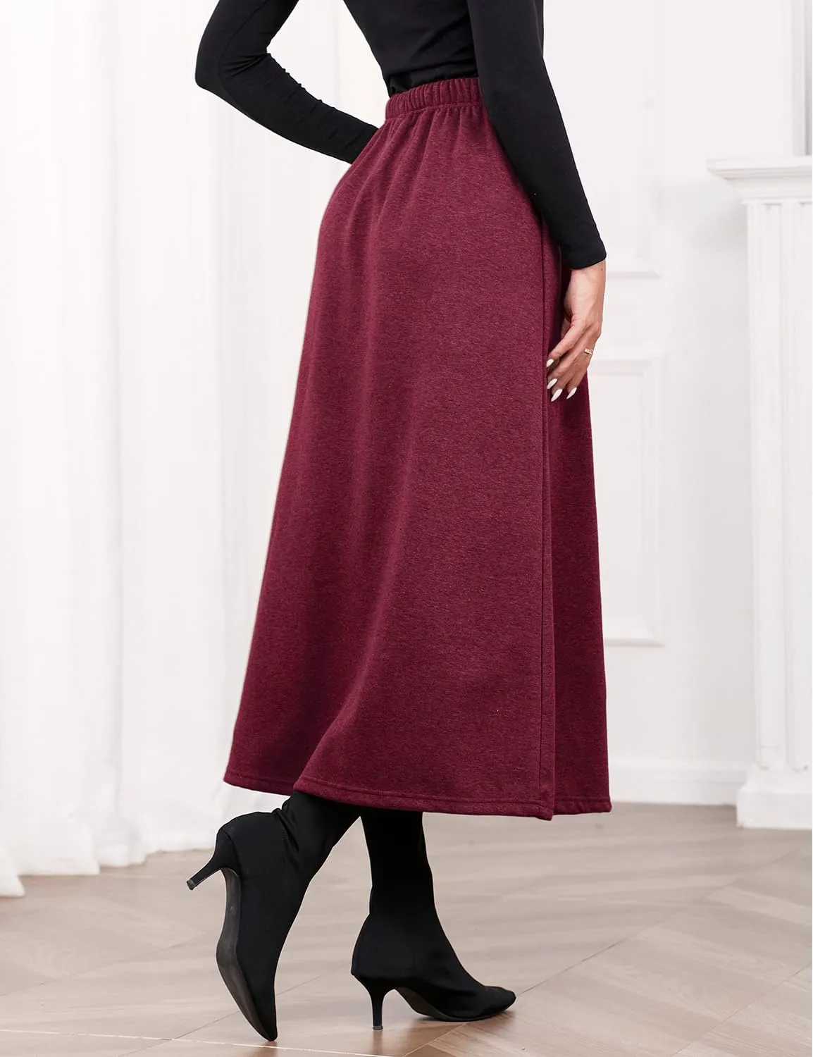 IDEALSANXUN Women's Fall Winter Fleece Lined Elastic Waist Long Skirts with Drawstring