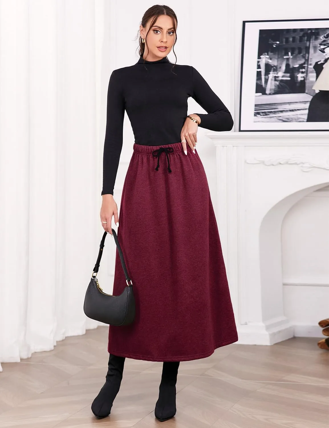 IDEALSANXUN Women's Fall Winter Fleece Lined Elastic Waist Long Skirts with Drawstring
