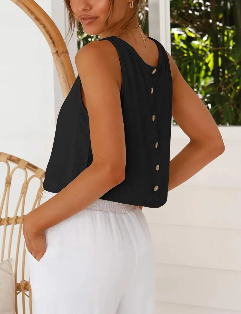 IDEALSANXUN Womens Linen Crop Tank Tops Spring Summer Sleeveless Tops