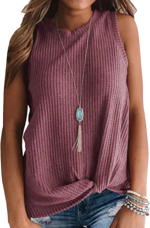 IWOLLENCE Womens Waffle Knit Tank Tops Casual Blouse Sleeveless Cute Twist Knot Tunic