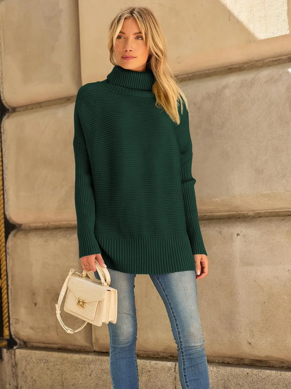 LILLUSORY Women's Oversized Turtleneck Sweaters Fall Batwing Sleeve Ribbed Tunic Sweater
