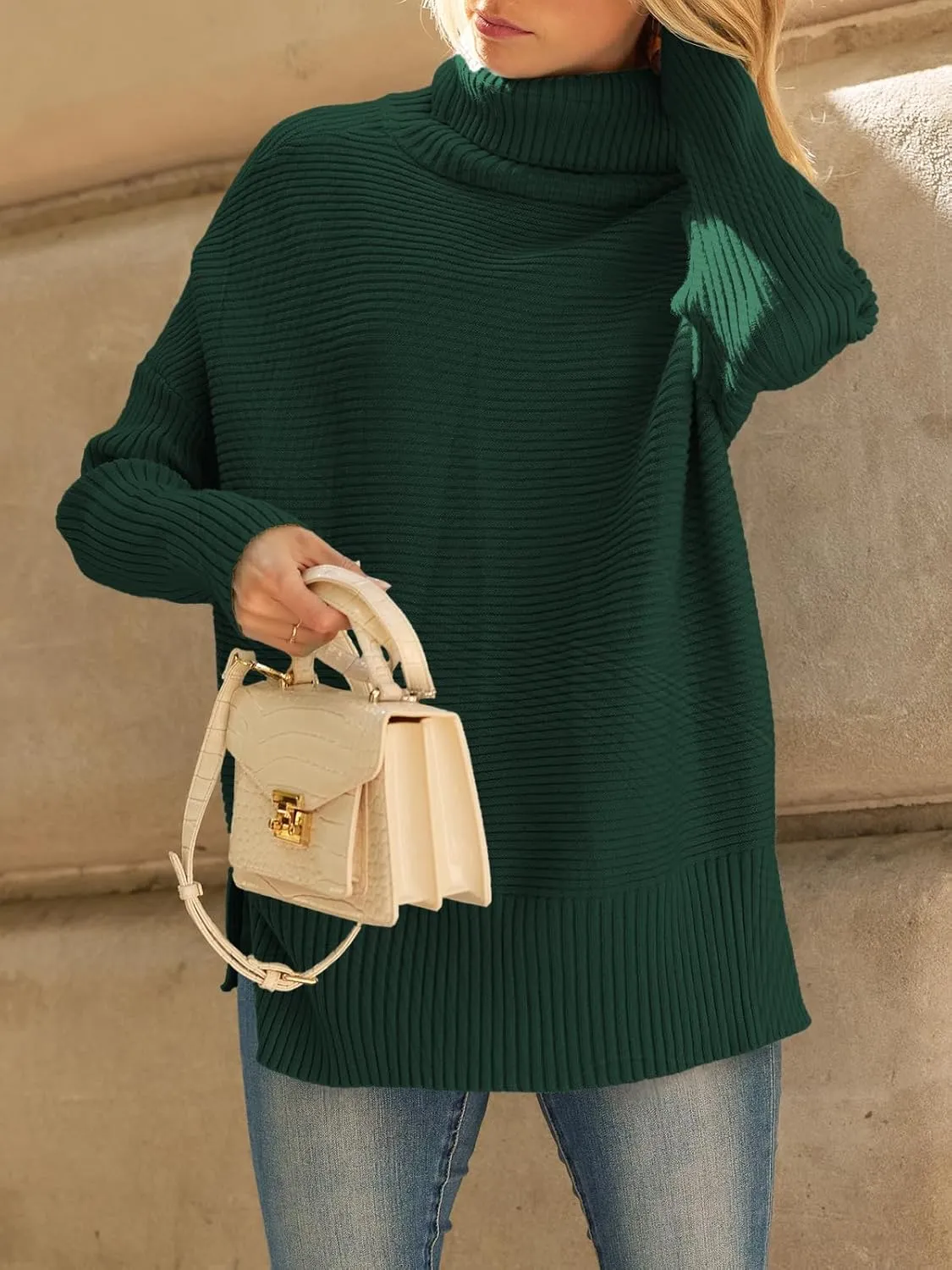 LILLUSORY Women's Oversized Turtleneck Sweaters Fall Batwing Sleeve Ribbed Tunic Sweater