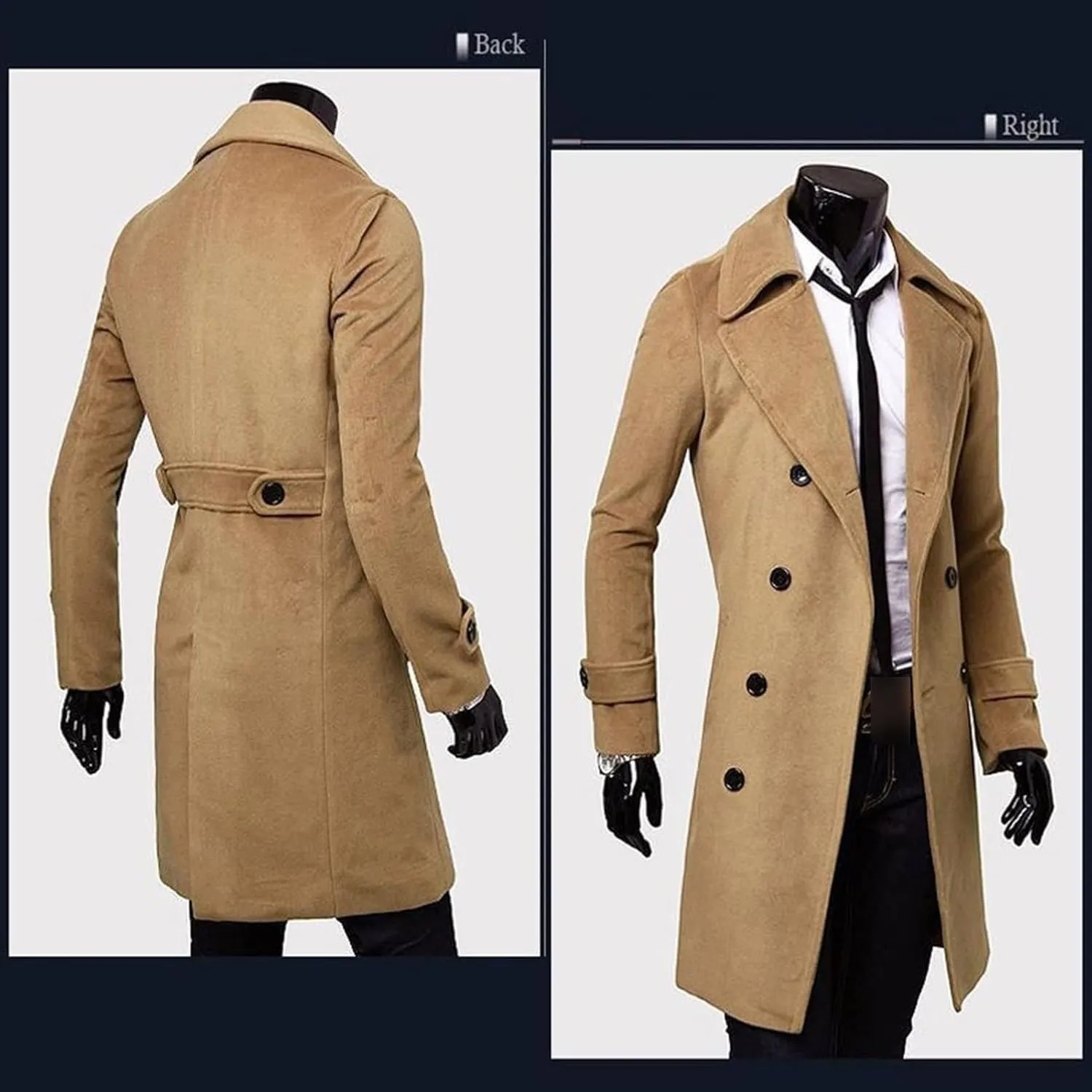 Maiyifu-GJ Men's Wool Blend Long Trench Coat Slim Fit Double Breasted Pea Coat Overcoat Casual Business Mid-Length Jackets
