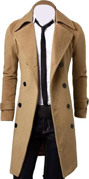 Maiyifu-GJ Men's Wool Blend Long Trench Coat Slim Fit Double Breasted Pea Coat Overcoat Casual Business Mid-Length Jackets