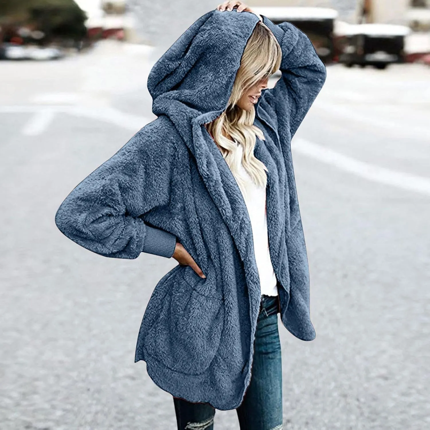nerohusy Plus Size Fuzzy Jackets for Women Fuzzy Fleece Teddy Coats with Hood Open Front Cardigan Outwear with Shaggy Pocket