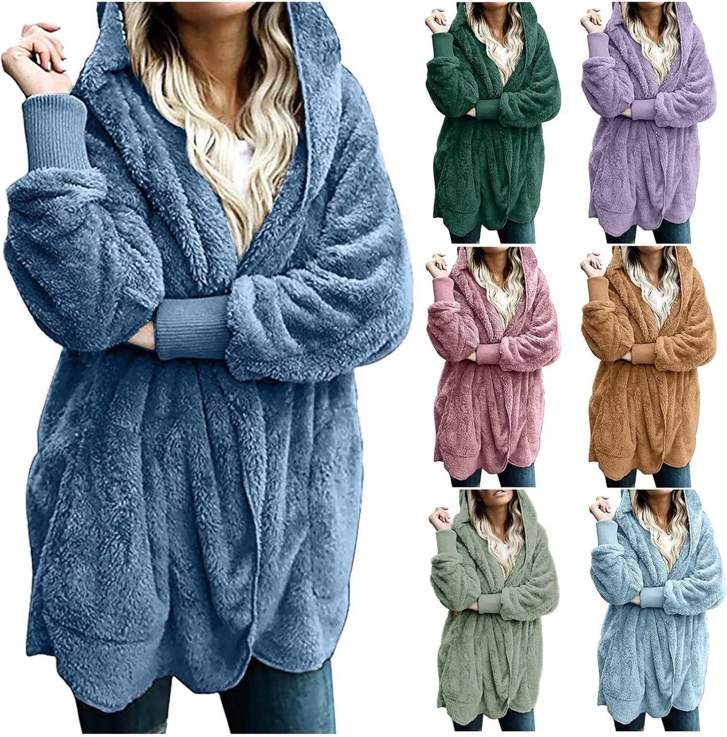 nerohusy Plus Size Fuzzy Jackets for Women Fuzzy Fleece Teddy Coats with Hood Open Front Cardigan Outwear with Shaggy Pocket