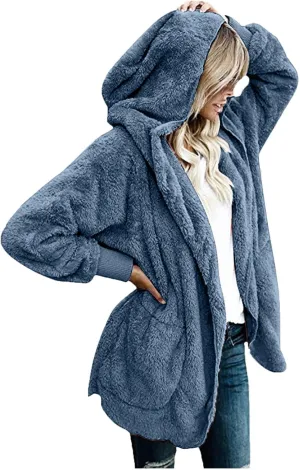 nerohusy Plus Size Fuzzy Jackets for Women Fuzzy Fleece Teddy Coats with Hood Open Front Cardigan Outwear with Shaggy Pocket