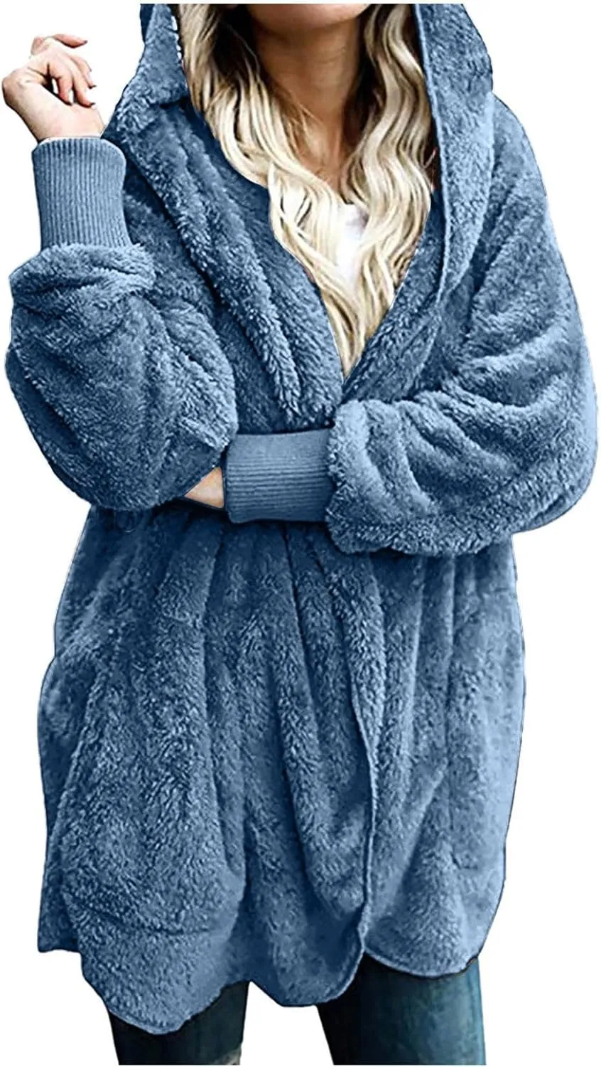 nerohusy Plus Size Fuzzy Jackets for Women Fuzzy Fleece Teddy Coats with Hood Open Front Cardigan Outwear with Shaggy Pocket