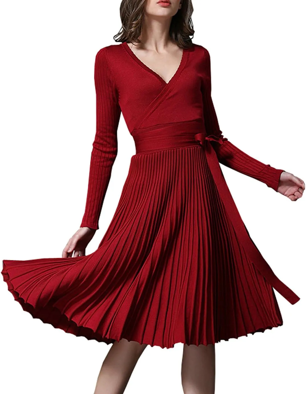 R.Vivimos Women's Autumn Long Sleeve V Neck Elegant Knitted Slim Knee-Length A-Line Sweater Dress