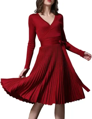 R.Vivimos Women's Autumn Long Sleeve V Neck Elegant Knitted Slim Knee-Length A-Line Sweater Dress