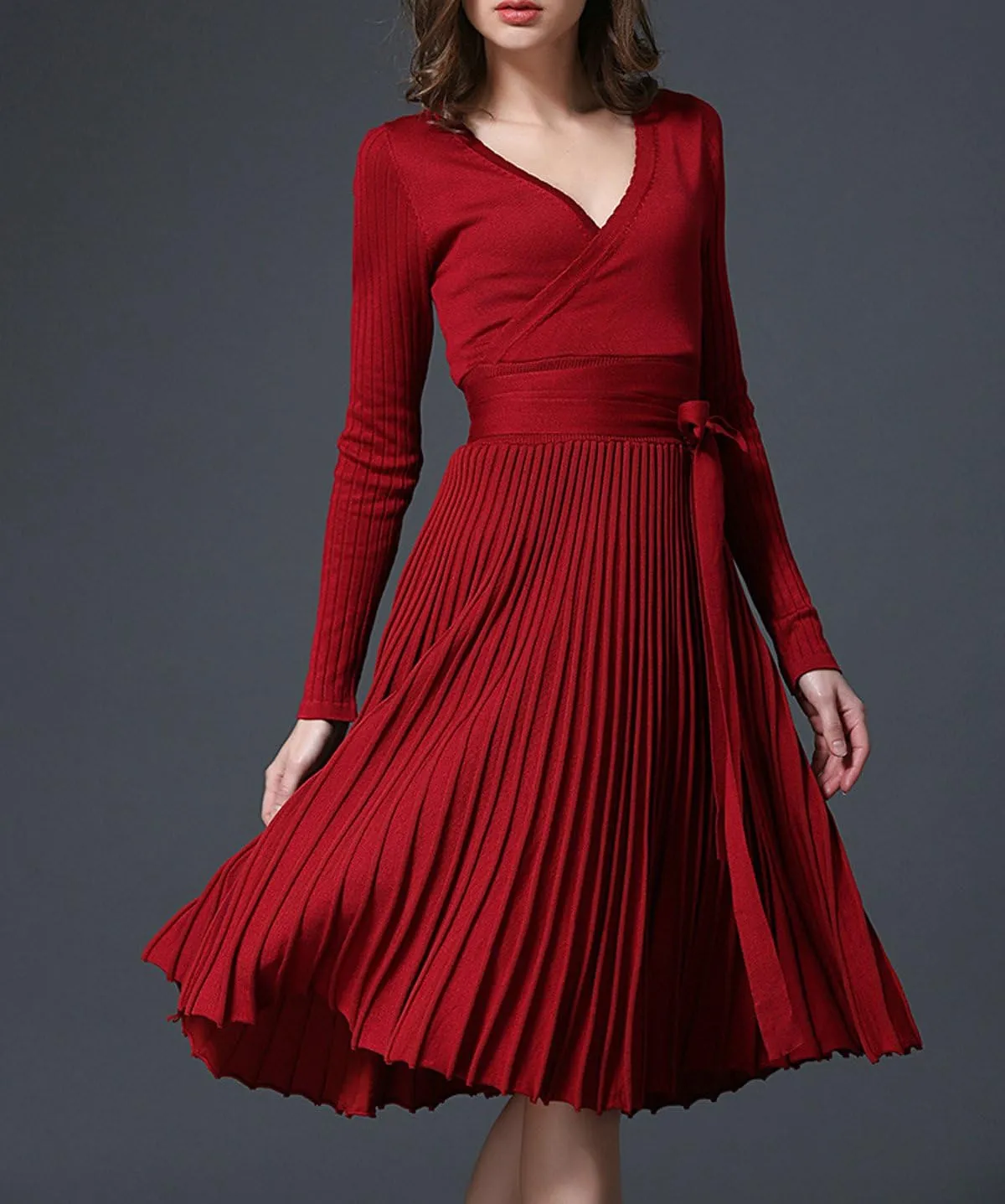 R.Vivimos Women's Autumn Long Sleeve V Neck Elegant Knitted Slim Knee-Length A-Line Sweater Dress