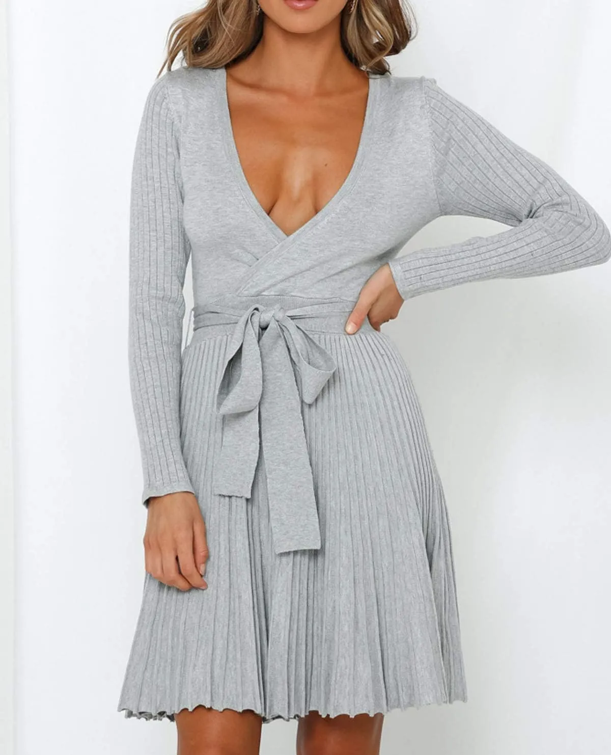 R.Vivimos Women's Autumn Long Sleeve V Neck Elegant Knitted Slim Knee-Length A-Line Sweater Dress