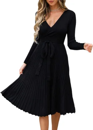 R.Vivimos Women's Autumn Long Sleeve V Neck Elegant Knitted Slim Knee-Length A-Line Sweater Dress