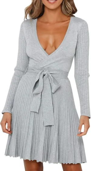 R.Vivimos Women's Autumn Long Sleeve V Neck Elegant Knitted Slim Knee-Length A-Line Sweater Dress