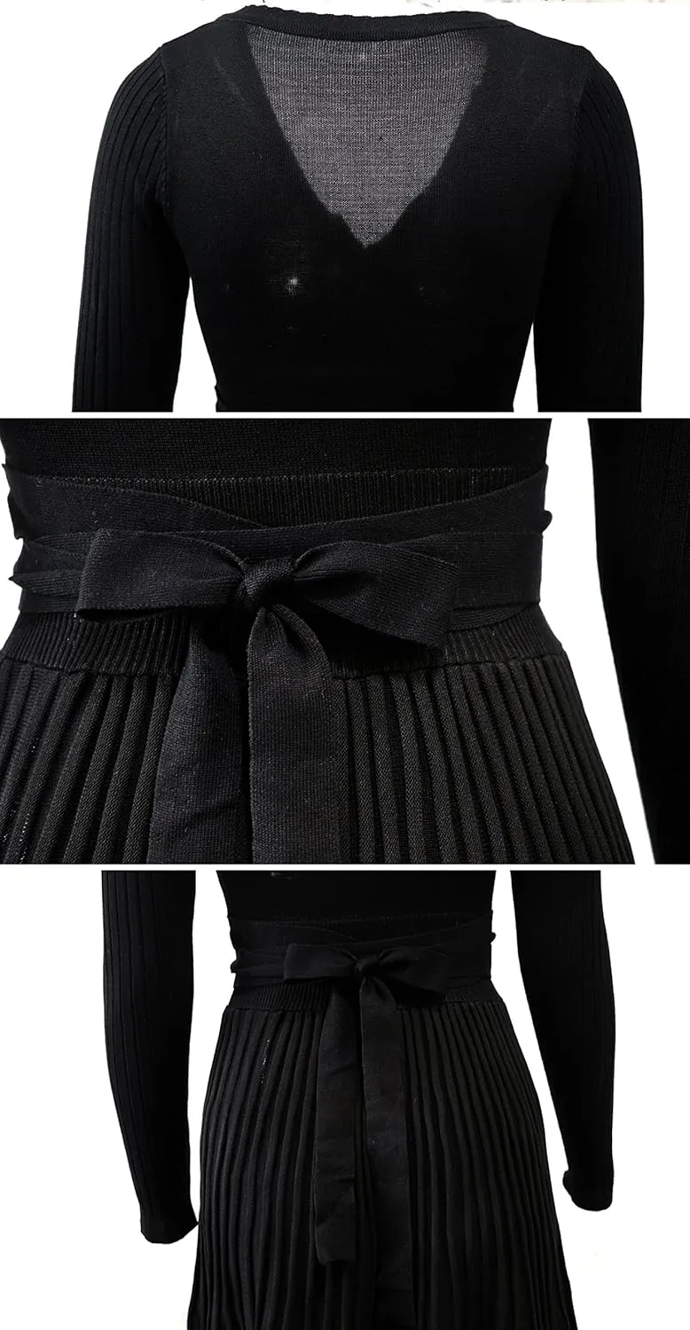 R.Vivimos Women's Autumn Long Sleeve V Neck Elegant Knitted Slim Knee-Length A-Line Sweater Dress
