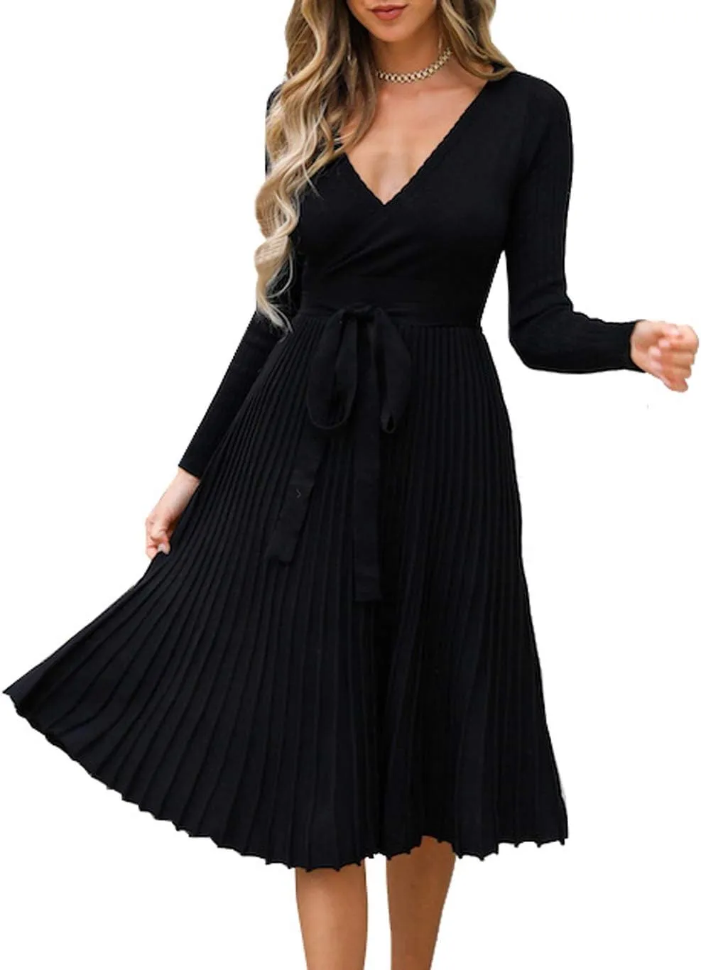 R.Vivimos Women's Autumn Long Sleeve V Neck Elegant Knitted Slim Knee-Length A-Line Sweater Dress