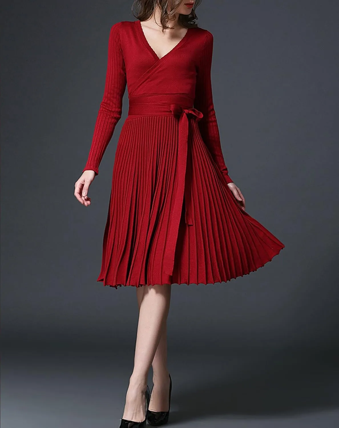 R.Vivimos Women's Autumn Long Sleeve V Neck Elegant Knitted Slim Knee-Length A-Line Sweater Dress