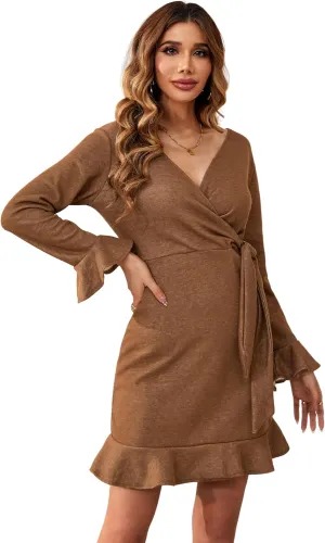 R.Vivimos Women's Winter Long Sleeve V Neck Ruffles Sweater Dresses Mini Dresses