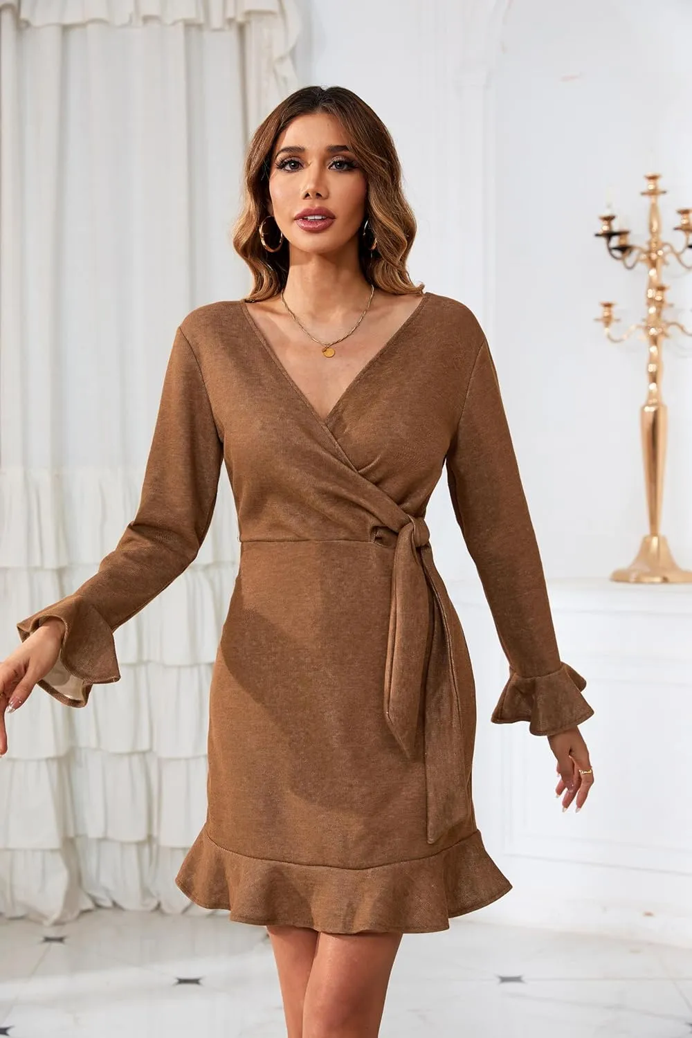 R.Vivimos Women's Winter Long Sleeve V Neck Ruffles Sweater Dresses Mini Dresses