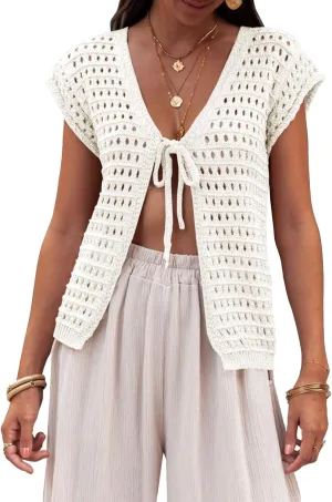 Saodimallsu Womens Tie Crochet Shrug Short Sleeve Open Front Lightweight Knit Cropped Cardigan Sweaters Cover Up