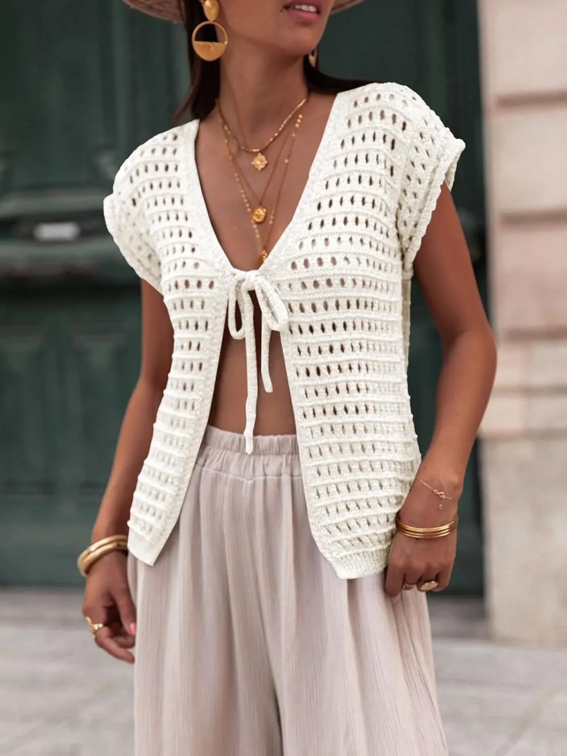 Saodimallsu Womens Tie Crochet Shrug Short Sleeve Open Front Lightweight Knit Cropped Cardigan Sweaters Cover Up